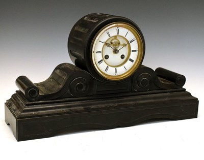 Lot 346 - Large French black slate drumhead mantel clock