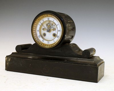 Lot 334 - Late 19th Century French black slate drumhead mantel clock