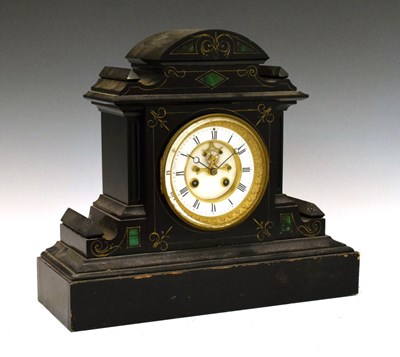 Lot 348 - Late 19th Century black slate and malachite mantel clock