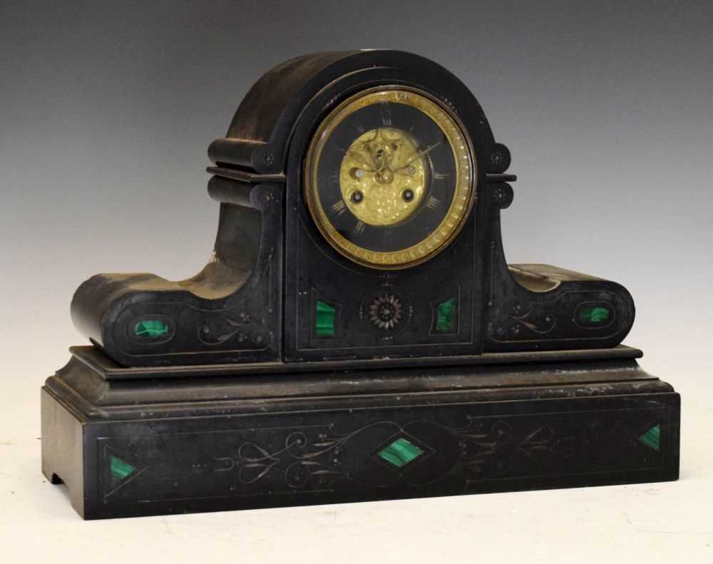 Lot 351 - Large late 19th Century black slate and malachite mantel clock