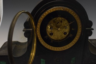 Lot 351 - Large late 19th Century black slate and malachite mantel clock
