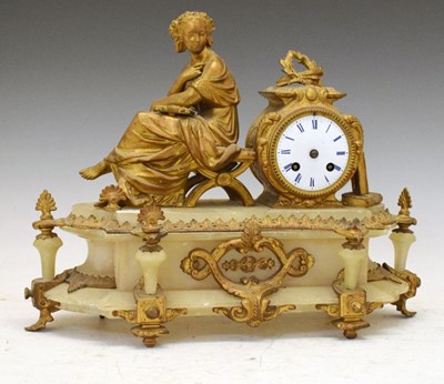 Lot 335 - Late 19th Century French gilt metal and alabaster mantel clock
