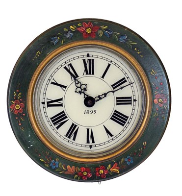 Lot 367 - Continental green-painted 'Postman's alarm'-style wall clock