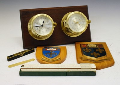 Lot 552 - Wall barometer, shields, brass-bound spirit level, etc