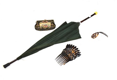 Lot 205 - Quantity of miscellaneous items to include; lady's parasol, evening bag & tortoiseshell hair grips
