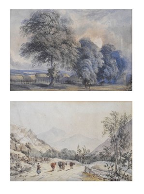 Lot 421 - Henry Earp (1831-1914) - Watercolour - Cattle on country road  & William Woods of Bristol (attr.) - Watercolour- 'Harvest Gathered In'