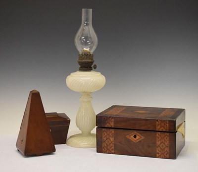 Lot 669 - Maelzel Metronome, money box in the form of a tea-caddy, glass oil lamp etc