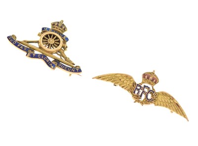 Lot 29 - Royal Artillery brooch, stamped 15ct and RFC badge stamped 9ct