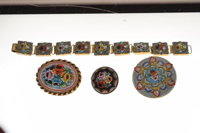 Lot 55 - Italian micro mosaic panel bracelet, and three similar brooches