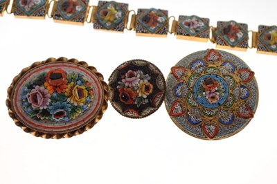 Lot 55 - Italian micro mosaic panel bracelet, and three similar brooches