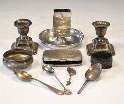 Lot 203 - Quantity of silver items to include candlesticks, cigarette case, teaspoon, etc