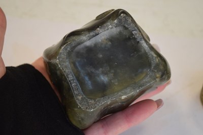 Lot 284 - Spinach jade ashtray decorated with a dragon, Tibetan egg and three pieces of Middle Eastern jewellery