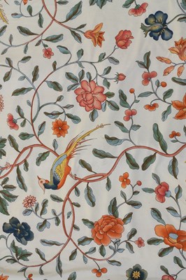 Lot 405 - Pair of lined and inter-lined curtains, decorated with birds of paradise on a cream ground