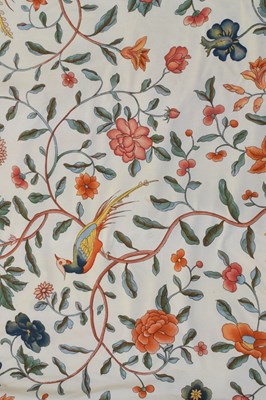 Lot 405 - Pair of lined and inter-lined curtains, decorated with birds of paradise on a cream ground
