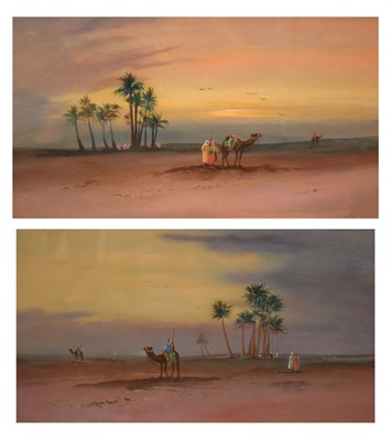 Lot 523 - Two oil paintings on board, Egyptian-style desert scenes, early 20th Century