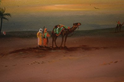 Lot 523 - Two oil paintings on board, Egyptian-style desert scenes, early 20th Century