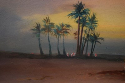Lot 523 - Two oil paintings on board, Egyptian-style desert scenes, early 20th Century