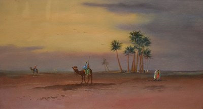 Lot 523 - Two oil paintings on board, Egyptian-style desert scenes, early 20th Century