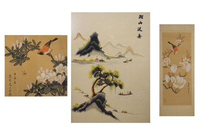 Lot 708 - Two Chinese paintings on fabric, and a needlework study