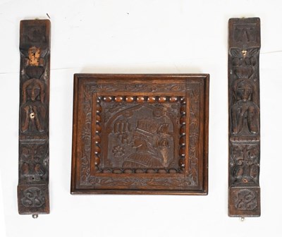 Lot 775 - Carved oak 'Romayne' panel, together with a carved caryatid and Atlante