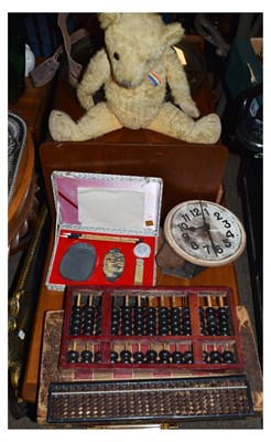 Lot 308 - Group of toys to include; golden mohair teddy bear, chess set and abacus