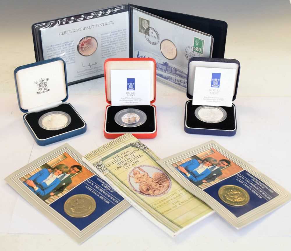 Lot 144 - Three Royal Mint silver presentation coins together with a quantity of medallions, etc