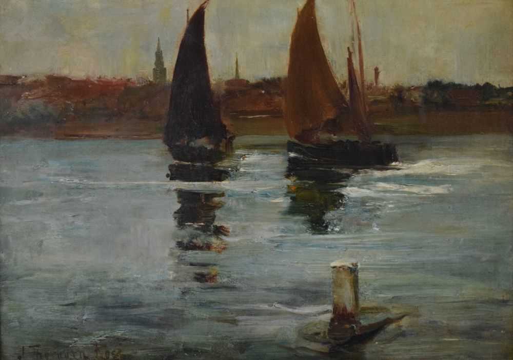 Lot 373 - Joseph Thorburn Ross A.R.S.A. (1849-1903) - Oil on board - Harbour Scene