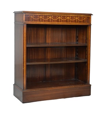 Lot 771 - Brights of Nettlebed reproduction inlaid mahogany low open bookcase