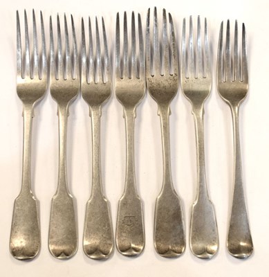 Lot 220 - Seven various Georgian and Victorian silver fiddle pattern table forks