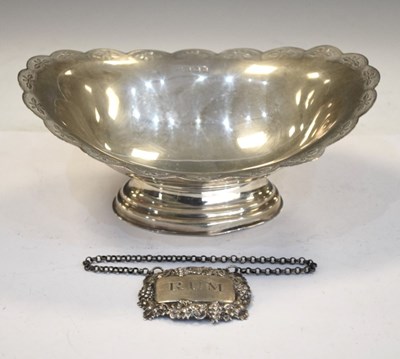 Lot 184 - Silver pedestal dish and 'Rum' decanter label