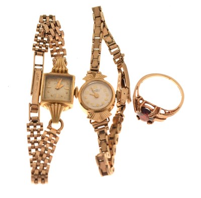 Lot 76 - Two ladies wristwatches stamped 750, together with a 9ct ring