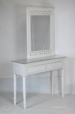 Lot 614 - White finish two-drawer table, and a w.f. wall mirror