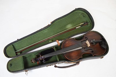 Lot 187 - Late 19th Century or early 20th Century violin and bow, cased