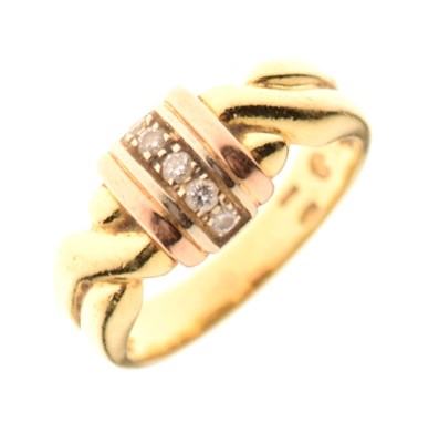 Lot 1 - Yellow metal three-colour dress ring set five small diamonds, stamped '750'