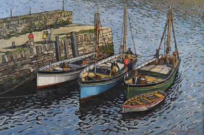 Lot 337 - Frank Shipsides - Oil on board - Fishing Boats, Polperro