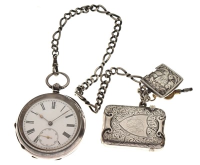 Lot 111 - Swiss open face fob watch, chain and vesta