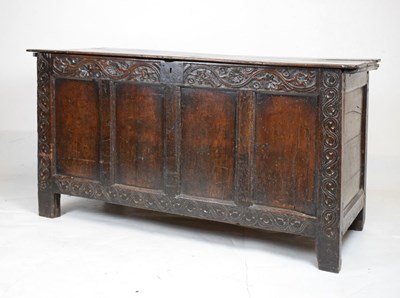 Lot 459 - Late 17th Century oak four-panel coffer, with carved decoration