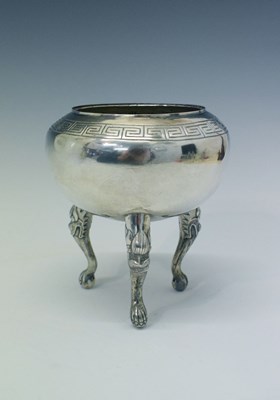 Lot 126 - Chinese late 19th/early 20th Century white metal bowl standing on three dragon knee legs