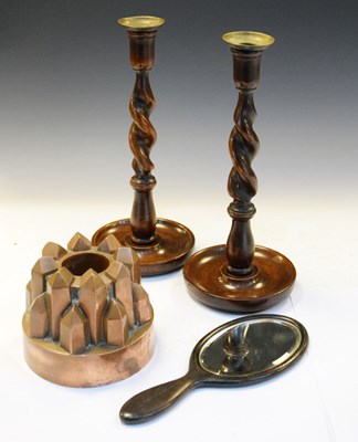 Lot 741 - Pair of barley twist candlesticks together with a copper jelly mould, etc