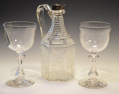 Lot 381 - Two large wine glasses and a cut glass claret jug