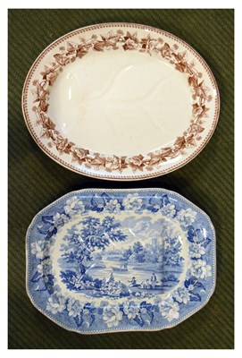 Lot 546 - Blue and white meat plate with riverside scene and a brown and white meat plate