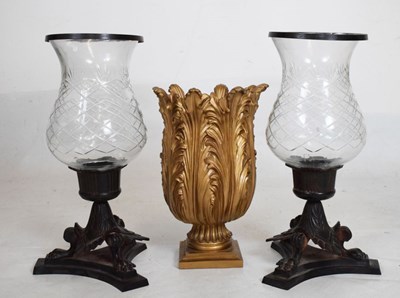 Lot 611 - Two modern hurricane lamps together with a gilt vase