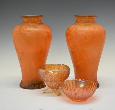 Lot 678 - Pair of amber glass vases together with two amber coloured carnival glass