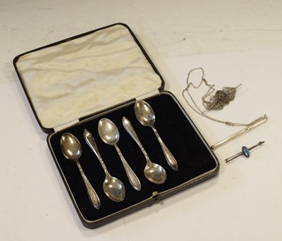 Lot 202 - Five George VI silver teaspoons, silver pencil, niello brooch, etc