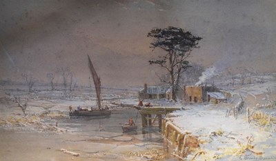 Lot 512 - Charles Brooke Branwhite (British,1851-1929) - Watercolour - Snowy harbour scene