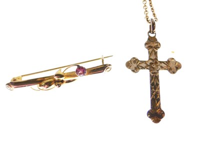 Lot 33 - Yellow metal brooch, necklace and gilt metal cross, 5g gross approx