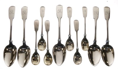 Lot 214 - Set of six Victorian silver condiment spoons, Newcastle and five Fiddle pattern dessert spoons