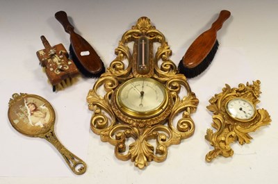 Lot 567 - Gilt framed barometer, clock, brushes, etc