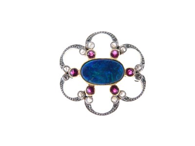 Lot 34 - Diamond, ruby and opal doublet brooch