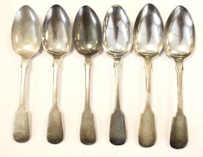 Lot 158 - Set of six William IV silver Fiddle Pattern dessert spoons